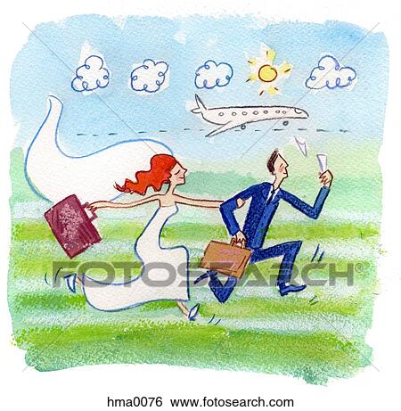 Stock Illustration - The bride and groom running to catch a plane. Fotosearch
