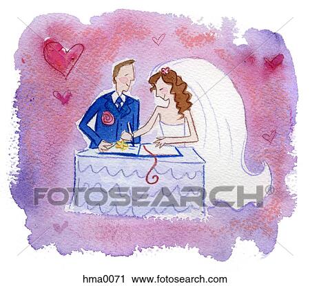 The bride and groom signing the registry View Large Illustration Clip Art - The bride and groom signing the registry. Fotosearch