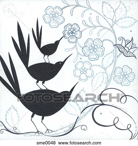 Stock Illustration - Three black birds standing on top of one another. Fotosearch