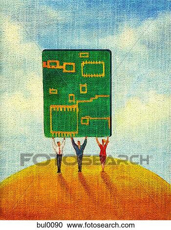 Three business people holding up a giant computer motherboard View Large Illustration Clipart - Three business people holding up a giant computer motherboard. Fotosearch