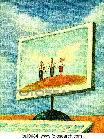 Three businesspeople standing inside the desktop of a computer View Large Illustration Stock Illustration - Three businesspeople standing inside the desktop of a computer. Fotosearch