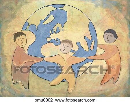 Three children holding hands while circling the earth View Large Illustration Drawing - Three children holding hands while circling the earth. Fotosearch