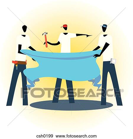 Stock Illustration - Three men looking at blue prints. Fotosearch