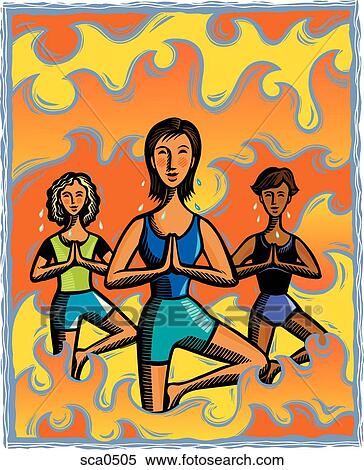 Stock Illustration - Three women doing the tree yoga pose in a Bikram yoga class. Fotosearch