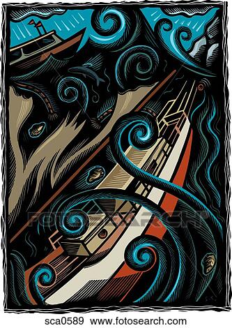 Stock Illustration - Two boats caught in a storm. Fotosearch