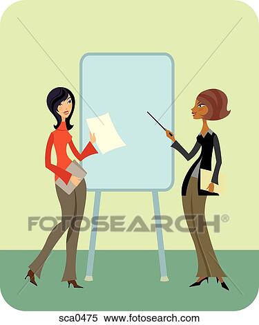 Stock Illustration - Two businesswomen pointing to a chart and giving a presentation. Fotosearch