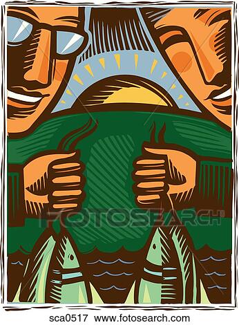 Stock Illustration - Two fisherman holding freshly caught fish. Fotosearch