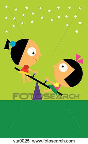 Two girls on a see saw View Large Illustration Stock Illustration - Two girls on a see saw. Fotosearch
