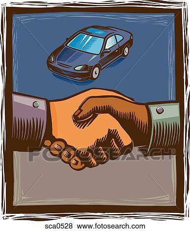 Two hands shaking with a car in the background View Large Illustration Stock Illustration - Two hands shaking with a car in the background. Fotosearch