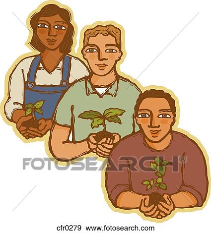 Two men and one woman holding seedlings in the palms of their hands View Large Illustration Stock Illustration - Two men and one woman holding seedlings in the palms of their hands. Fotosearch
