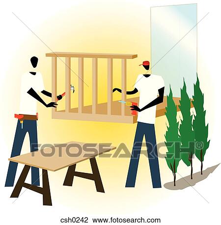 Drawing - Two men building a balcony. Fotosearch