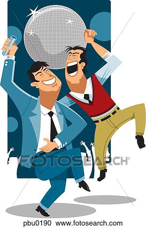 Clipart - Two men dancing at a night club with a disco ball in the background. Fotosearch