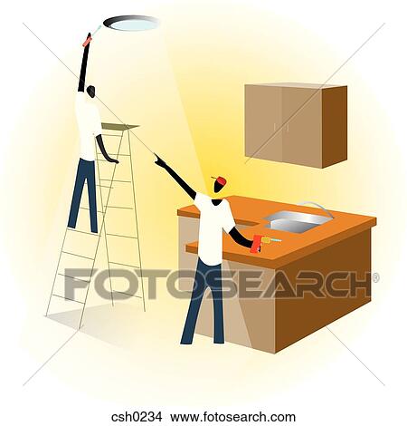 Stock Illustration - Two men installing lights and kitchen cabinets. Fotosearch