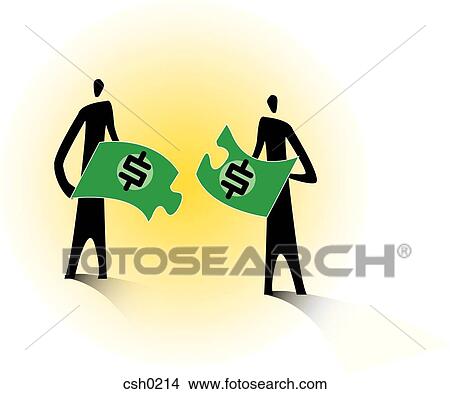 Stock Illustration - Two men putting dollar puzzle pieces together. Fotosearch