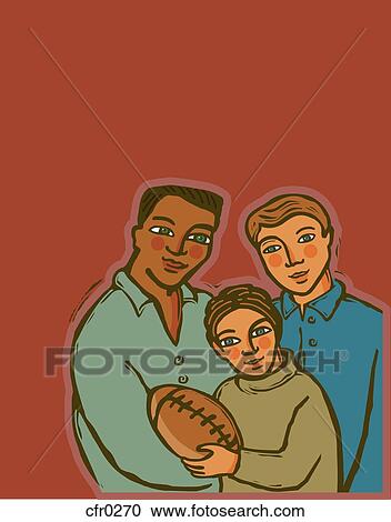 Clipart - Two men with a boy holding a football. Fotosearch