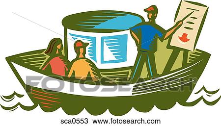 Drawing - Two people on a boat getting a lesson from a man who is pointing to a chart. Fotosearch