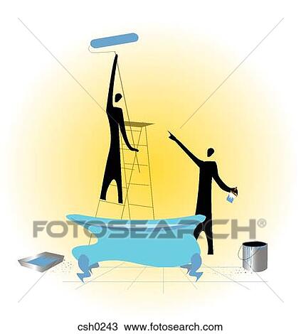 Two people renovating a bathroom View Large Illustration Drawing - Two people renovating a bathroom. Fotosearch