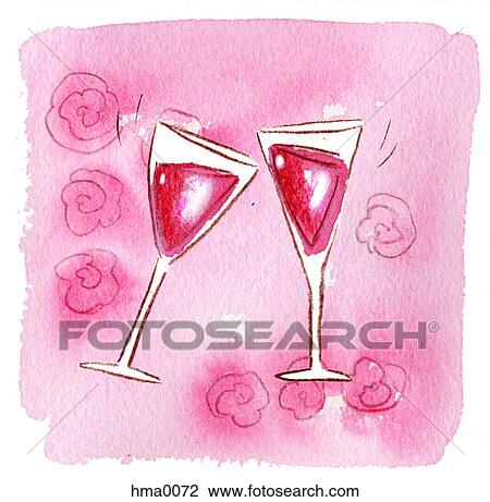 Drawing - Two wine glasses on pink background. Fotosearch
