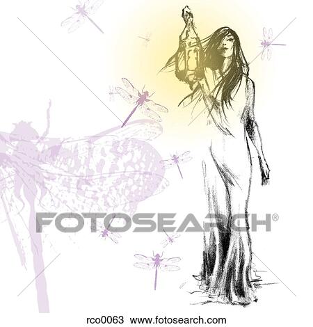 Woman holding a lantern View Large Illustration Drawing - Woman holding a lantern. Fotosearch