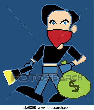 A 覆われた 銀行強盗 で 袋 の お金 上に 青い背景 イラスト Skr0008 Fotosearch