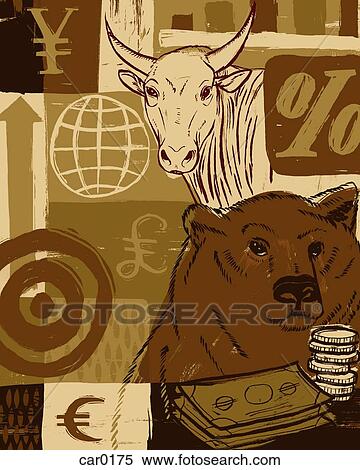 Stock Illustration - A bear and a bull with currency symbols in the background. Fotosearch