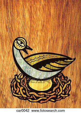 A bird sitting on a golden egg in a nest View Large Illustration Drawing - A bird sitting on a golden egg in a nest. Fotosearch