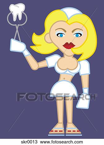 Drawing - A blonde dental assistant with an extracted tooth. Fotosearch
