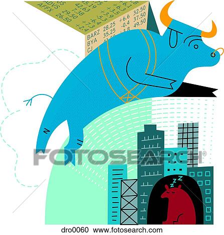 A bull leaping over a sleeping bear, signifying a bull market View Large Illustration Clipart - A bull leaping over a sleeping bear, signifying a bull market. Fotosearch