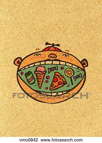 Drawing - A childs head with mouth opened wide to reveal the junk food inside. Fotosearch