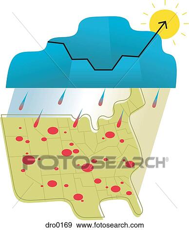 Stock Illustration - A cloud raining red ink over the US map. Fotosearch