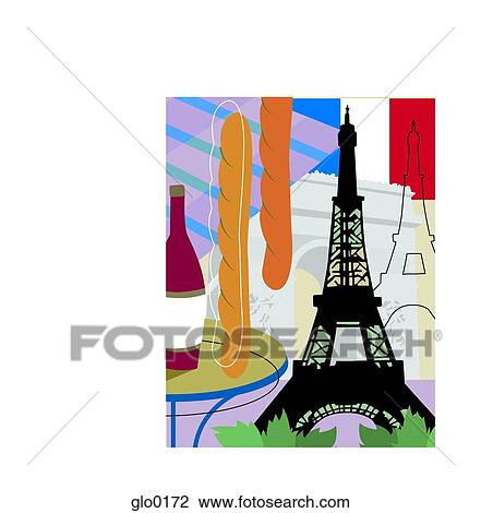 A collage of Paris with the Eiffel Tower, baguettes and red wine View Large Illustration Drawing - A collage of Paris with the Eiffel Tower, baguettes and red wine. Fotosearch