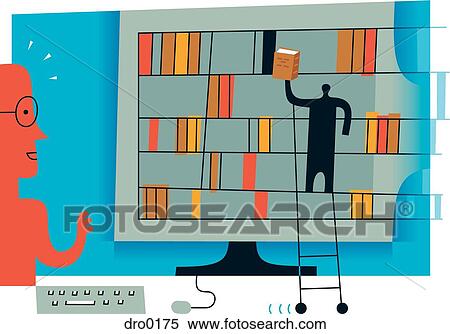 Stock Illustration - A computer screen with bookshelves and a man on ladder leaning against it to symbolize an online librarian. Fotosearch
