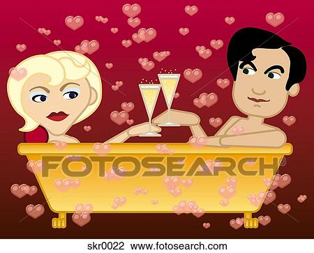 Drawing - A couple having a romantic bubble bath with champagne. Fotosearch