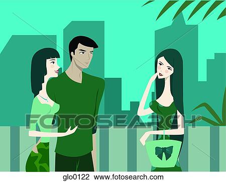 A couple talking to a friend on the street View Large Illustration Drawing - A couple talking to a friend on the street. Fotosearch