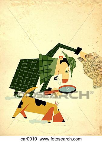 A detective holding map and looking through magnifying glass, with a bloodhound dog sniffing the ground beside him View Large Illustration Clipart - A detective holding map and looking through magnifying glass, with a bloodhound dog sniffing the ground beside him. Fotosearch