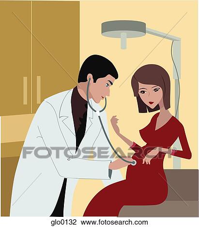A doctor examining a pregnant woman using stethoscope, listening to fetal heart View Large Illustration Drawing - A doctor examining a pregnant woman using stethoscope, listening to fetal heart. Fotosearch