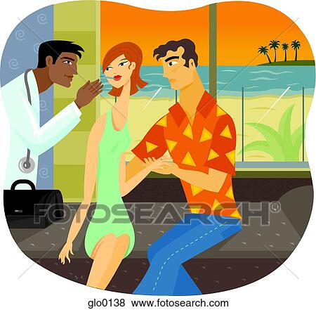 Stock Illustration - A doctor examining a woman on vacation with her boyfriend. Fotosearch