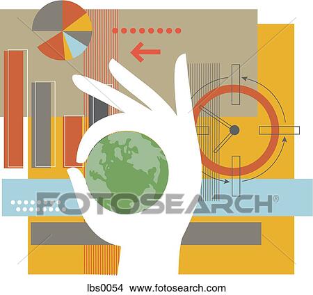 Stock Illustration - A hand holding the globe, with charts in background. Fotosearch