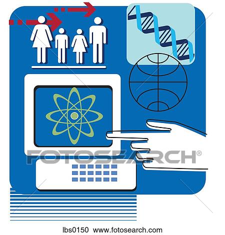 A hand pointing to a computer screen with an atom in it View Large Illustration Clipart - A hand pointing to a computer screen with an atom in it. Fotosearch