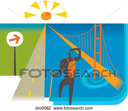 A hiker between highway and bridge leading to a pie chart sunset View Large Illustration Drawing - A hiker between highway and bridge leading to a pie chart sunset. Fotosearch