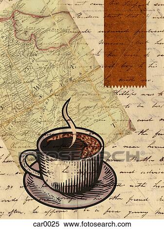 Stock Illustration - A hot cup of coffee, with a map and an old letter in the background. Fotosearch