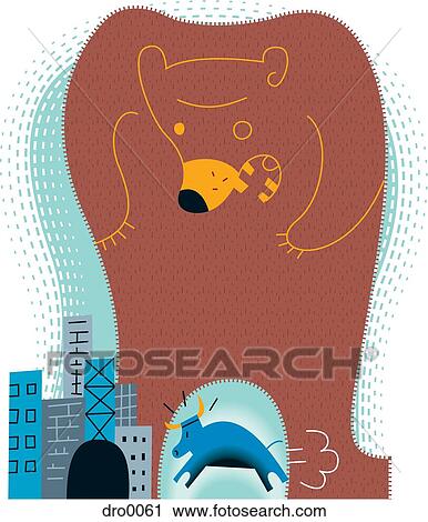 Clip Art - A huge roaring bear towering over a tiny bull, signifying a bear market. Fotosearch