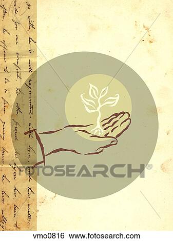 A human hand holding a seedling, with handwritten text on left border View Large Illustration Stock Illustration - A human hand holding a seedling, with handwritten text on left border. Fotosearch