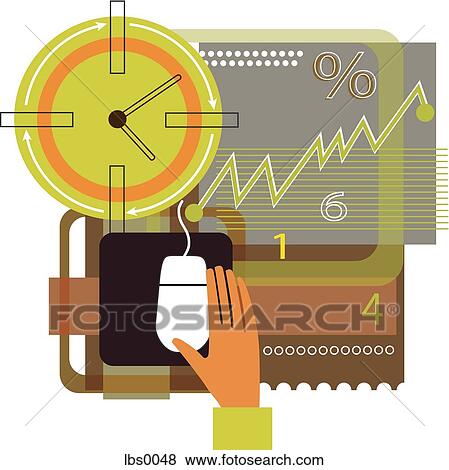 Stock Illustration - A human hand on a computer mouse with a clock face and graph in the background. Fotosearch