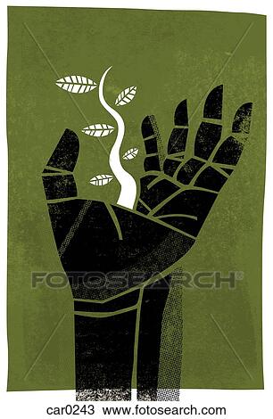 Drawing - A human hand with a seedling growing from it. Fotosearch