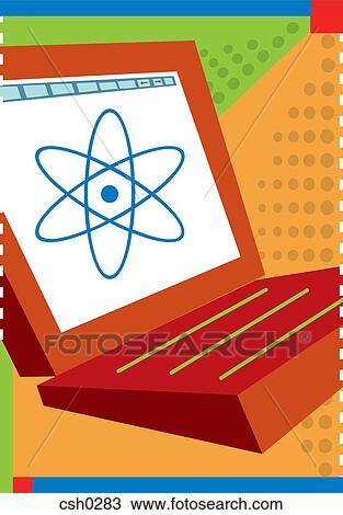 Drawing - A laptop computer with atom on the screen. Fotosearch