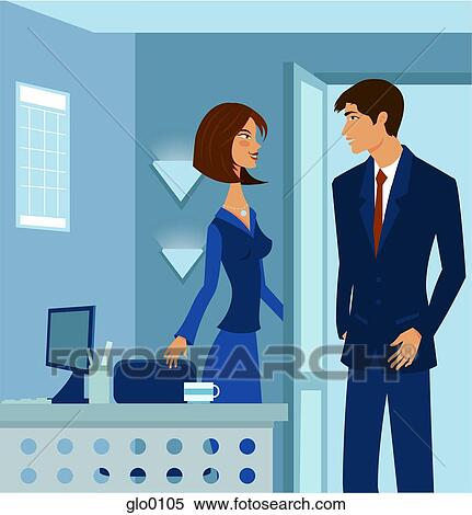 A man and woman chatting at the office View Large Illustration Stock Illustration - A man and woman chatting at the office. Fotosearch