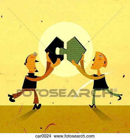 Stock Illustration - A man and woman joining two puzzle pieces together. Fotosearch