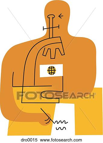 Stock Illustration - A man examining something under a microscope, while writing on paper. Fotosearch