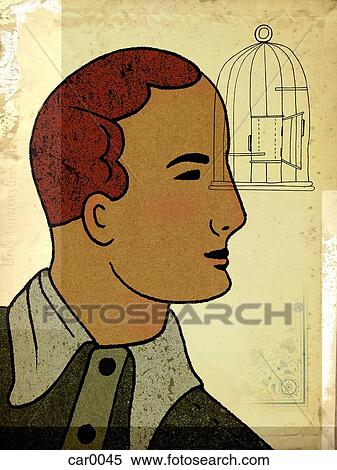 Stock Illustration - A man facing a birdcage with open door. Fotosearch
